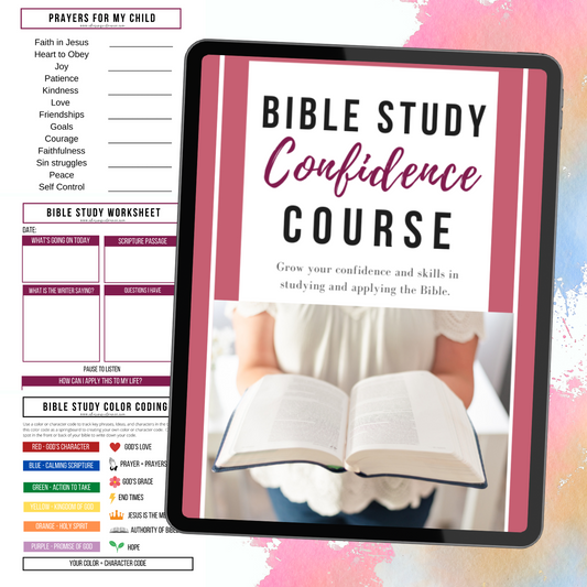 Product mockup of Bible study confidence course. Cover on iPad of a pink background and woman holding an open Bible. Soft pastel rainbow paint splatters in the background with three examples of Bible study worksheet pages inside the Bible study course